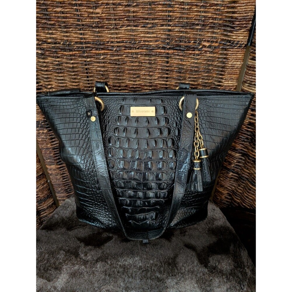 Brahmin Asher Medium Tote Bag Leather Croc Embossed Black Shoulder Purse Exotic